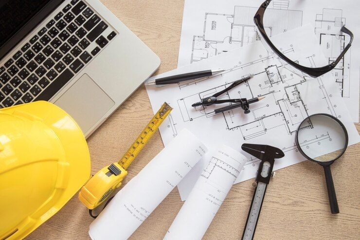 Architectural workspace with blueprints, laptop, hard hat, tape measure, and drafting tools.